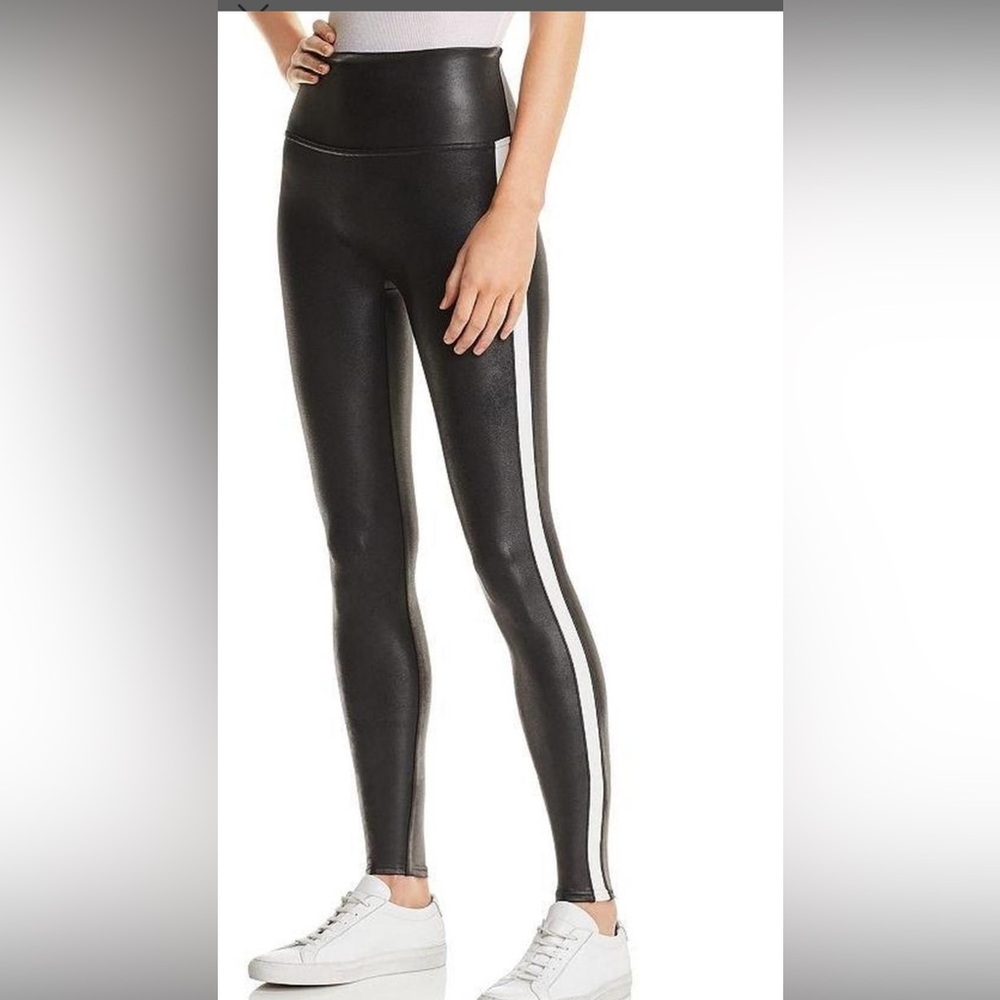 Spanx leggings faux leather with white stripe xs
